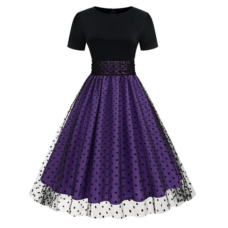 Polka Dot Stitching Retro Hepburn Dress Light Luxury Dresses