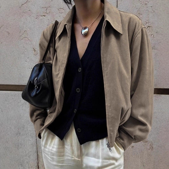 Women's Suede Winter Vintage Khaki Loose Lapels Jackets