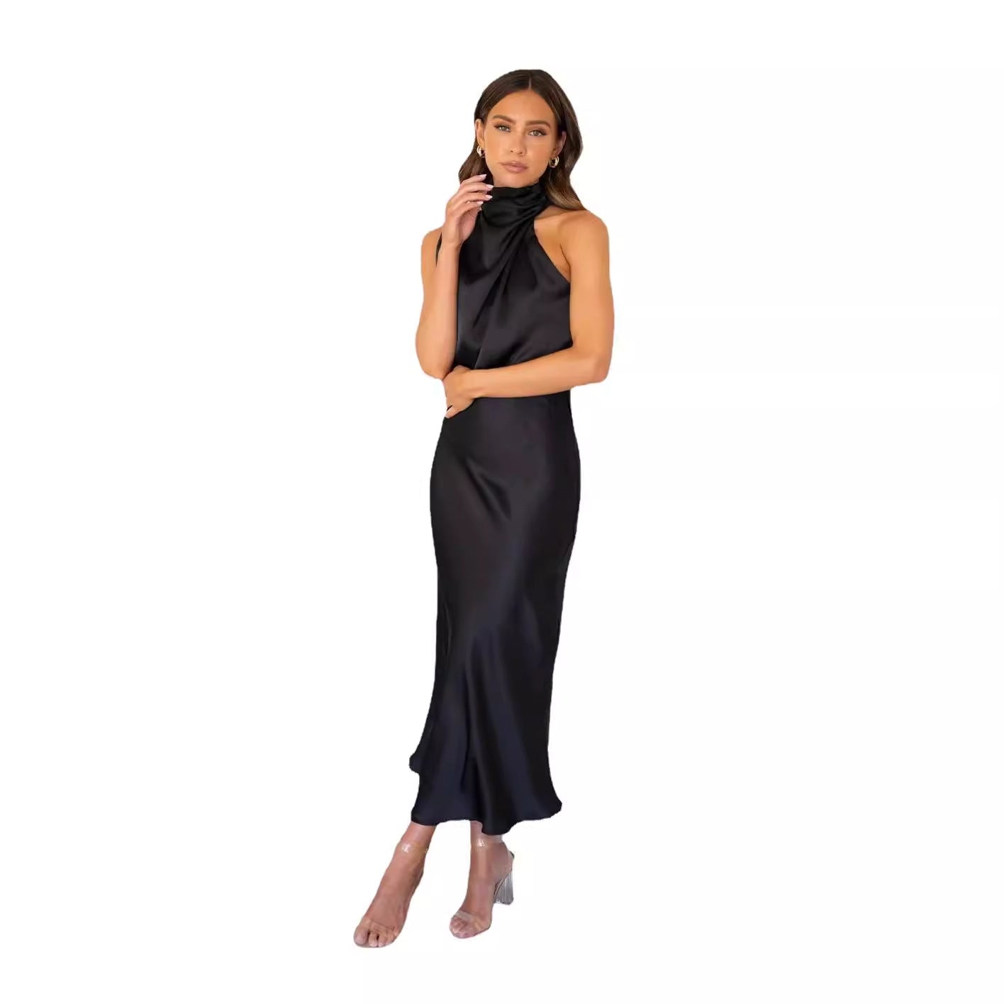 Women's Mature Elegant Sleeveless Halter Solid Color Dresses