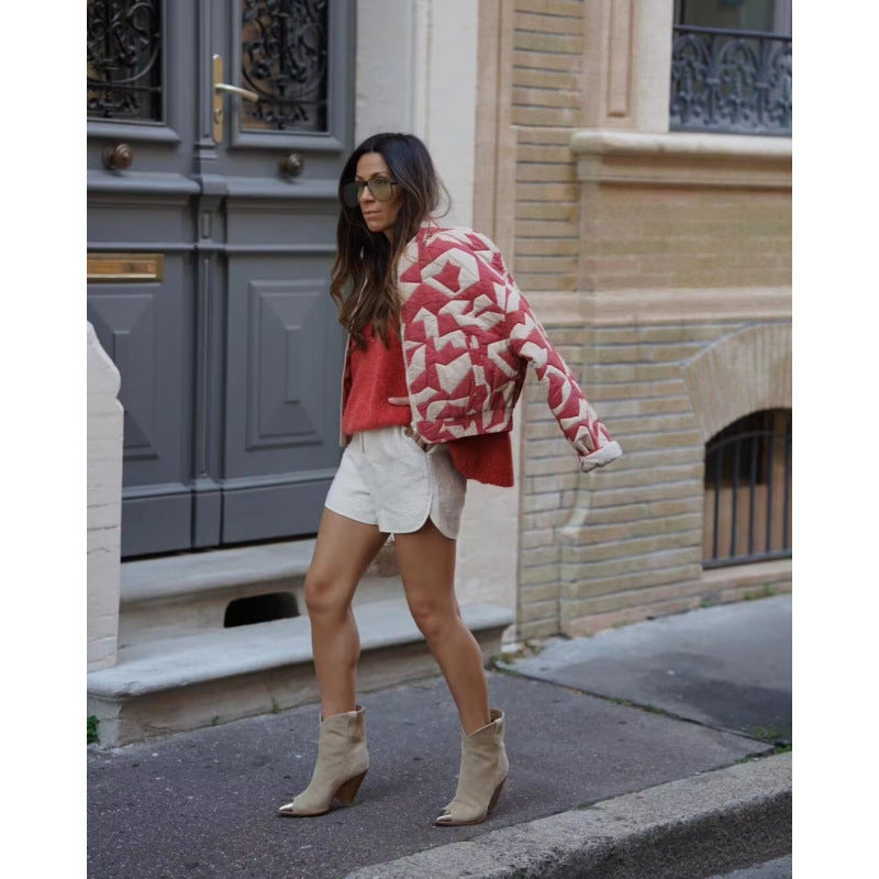 Women's Quilted Printed Zipper Loose Embossed Cotton Coats