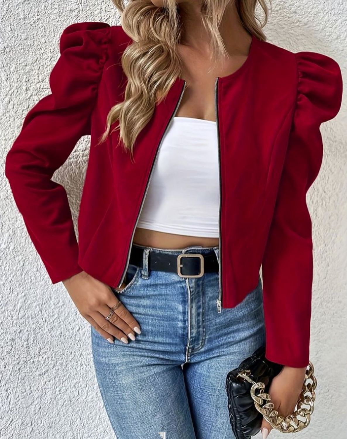 Women's Color Round Neck Zipper Bubble Long Jackets