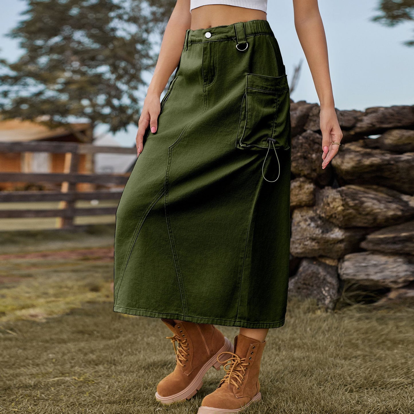 Women's Retro Denim Cargo Casual Midi Dress Skirts