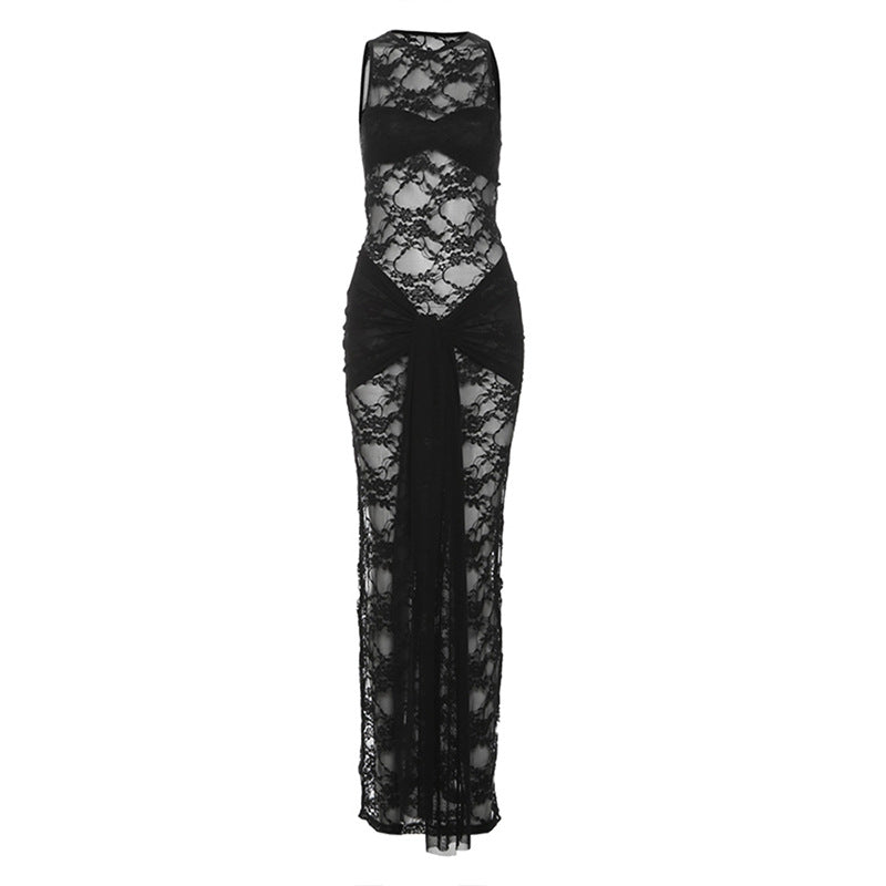 Women's Lace Cutout Round Neck Slim Fit Dresses