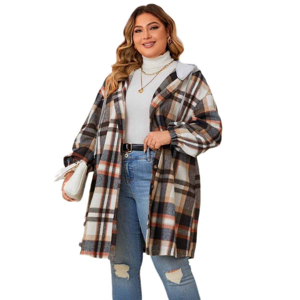 Women's Versatile Slouchy Plaid Hooded Mid-length Coats