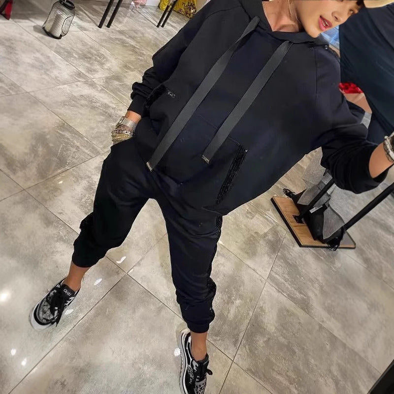 Casual Sequin Pocket Sports Hooded Sweatshirt Suits