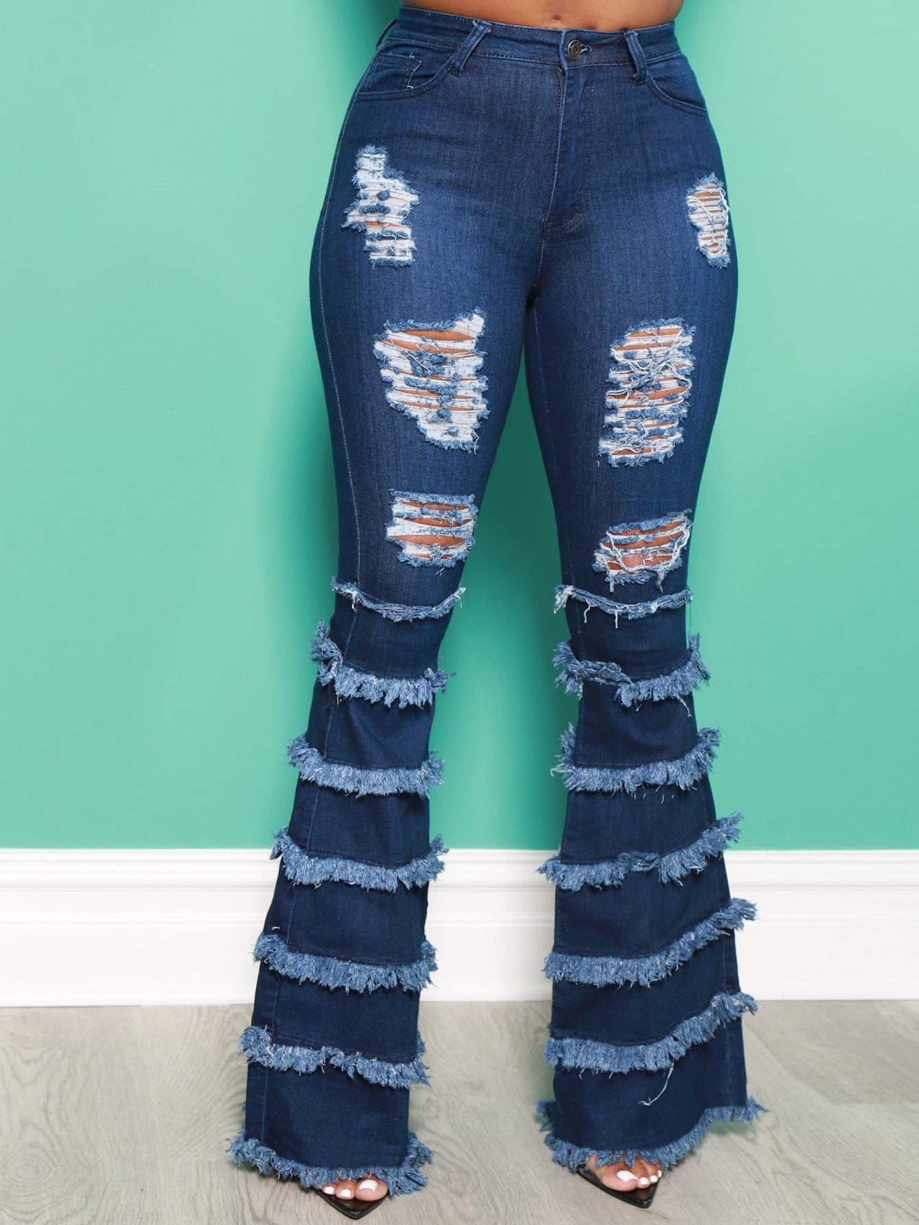 Women's Ripped Patchwork Retro Raw Hem Bell-bottom Jeans