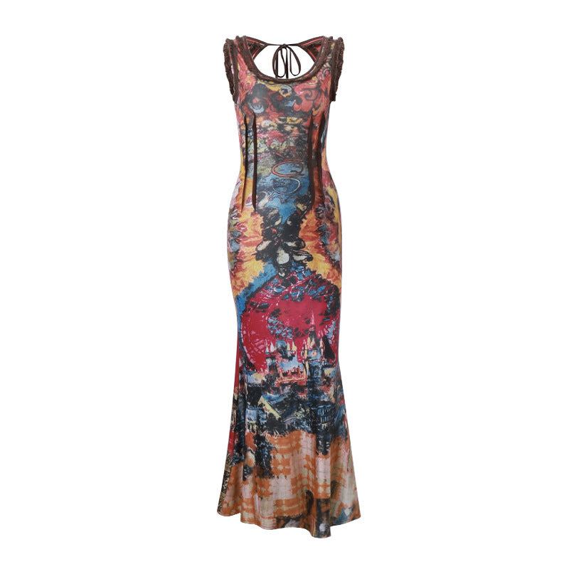 Women's Summer Fashion Vintage Printed Sexy Collar Dresses