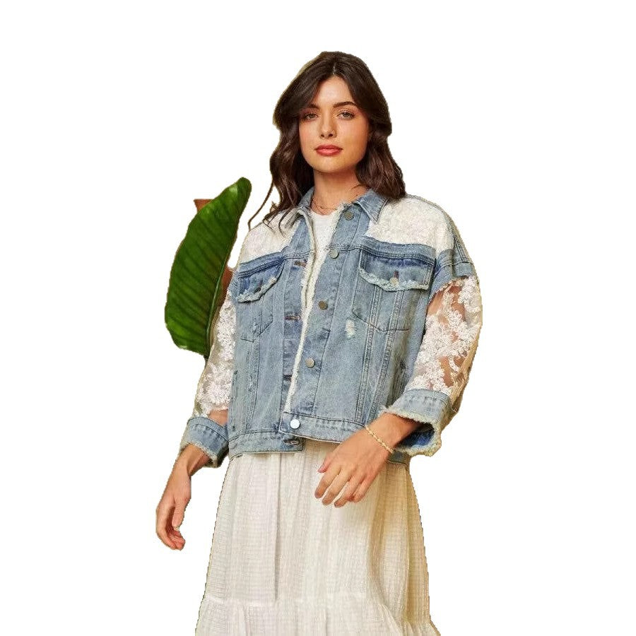 Women's Russian Ripped Mesh Patchwork Denim Jackets