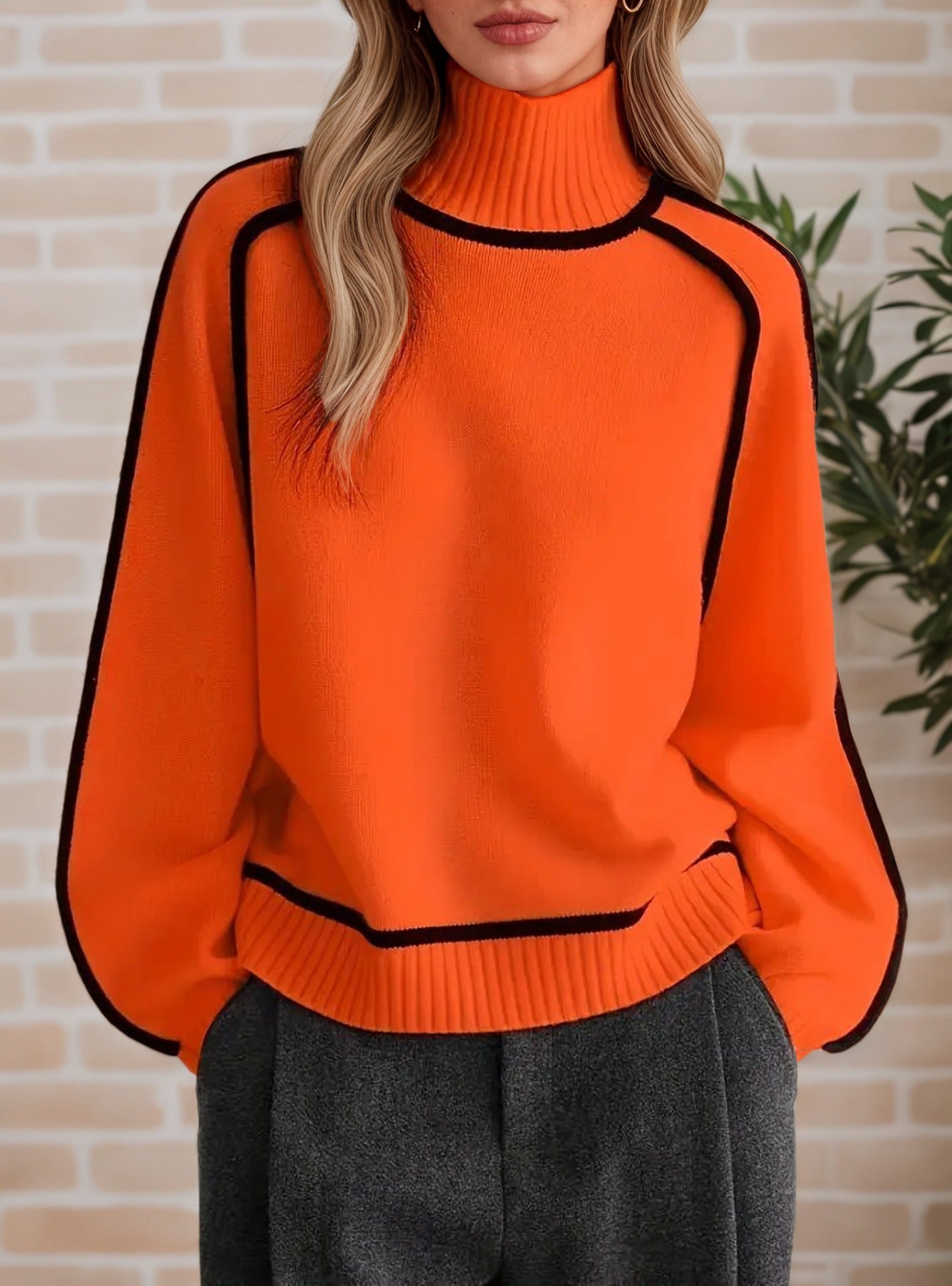 Turtleneck Three-dimensional Striped Slimming Casual Loose Sweaters