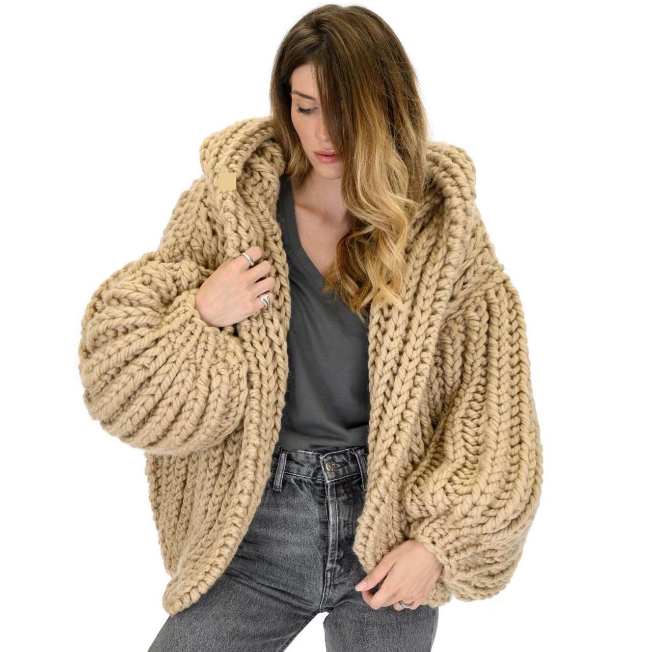 Women's Lazy Style Hooded Handmade Knitting Needle Sweaters