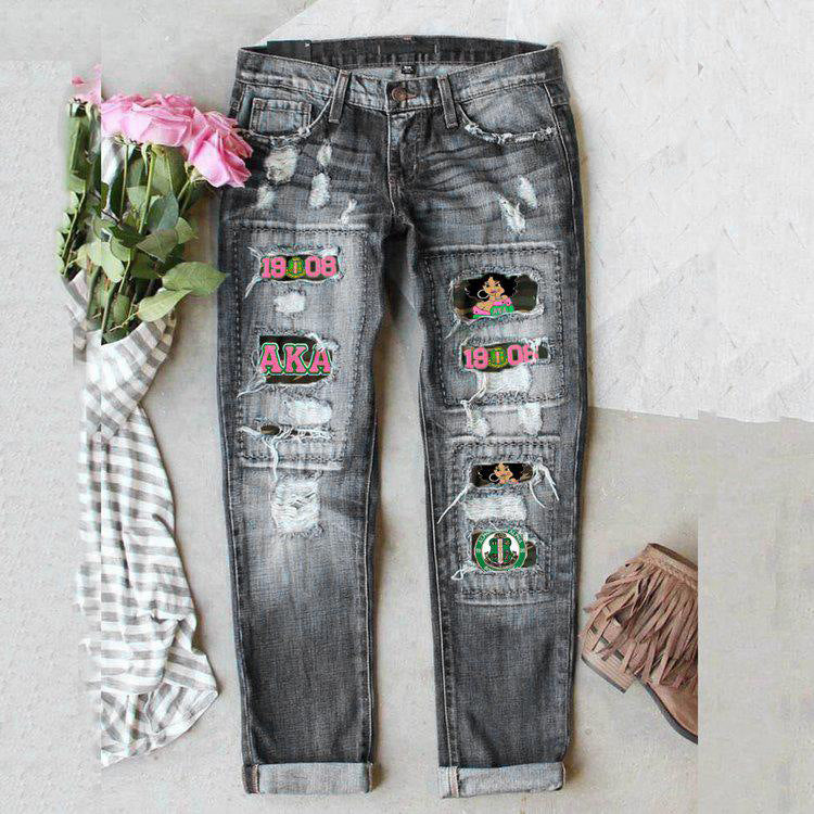 Women's For Ripped Print Lining Stickers Casual Jeans