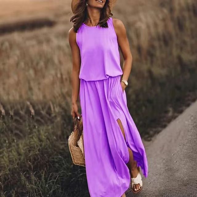 Style Solid Color Round Neck Sleeveless Dresses