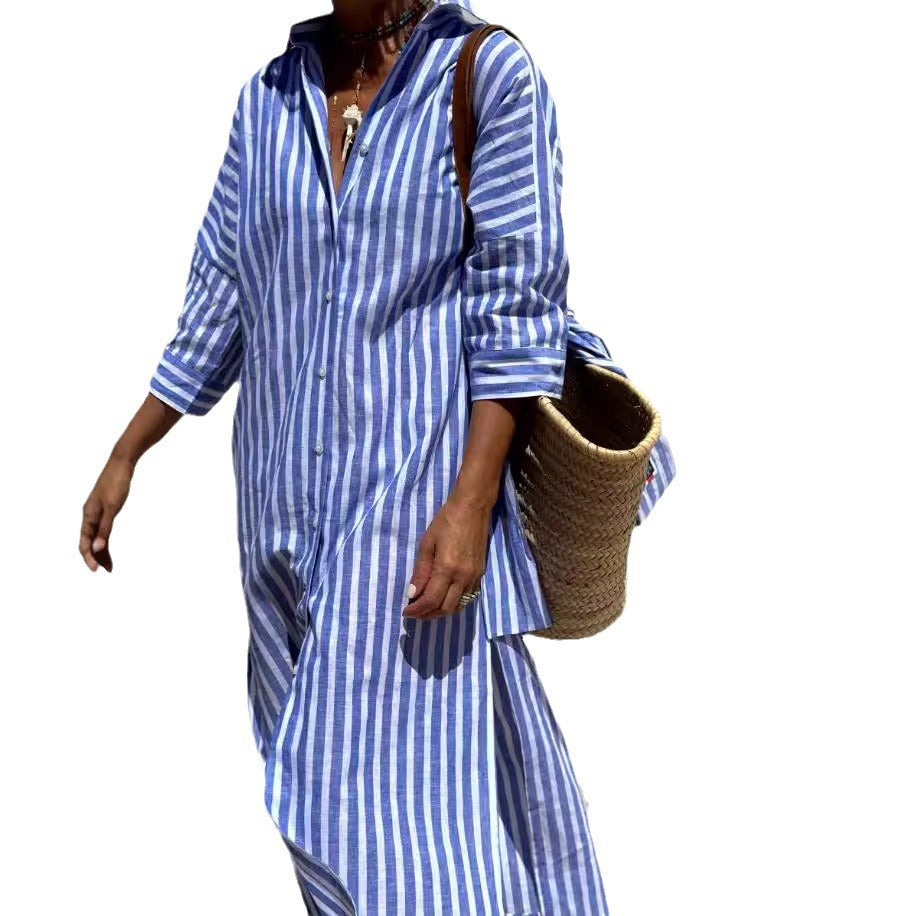Women's Cotton Linen Stripes Shirt Dress Loose Dresses