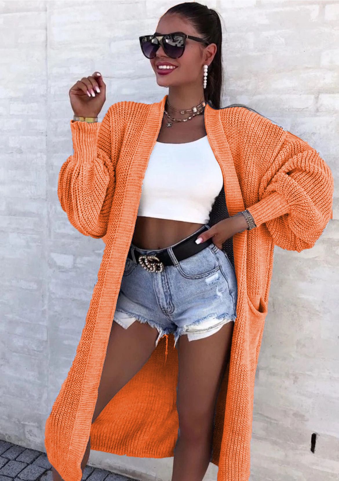 Women's Versatile Thick Needle Pocket Long Solid Knitwear