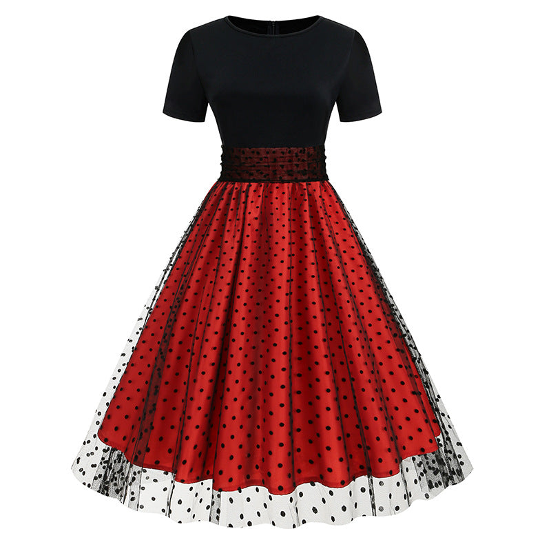 Polka Dot Stitching Retro Hepburn Dress Light Luxury Dresses