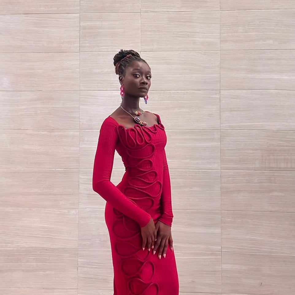 String Decorative Square Collar Long Sleeve Dresses