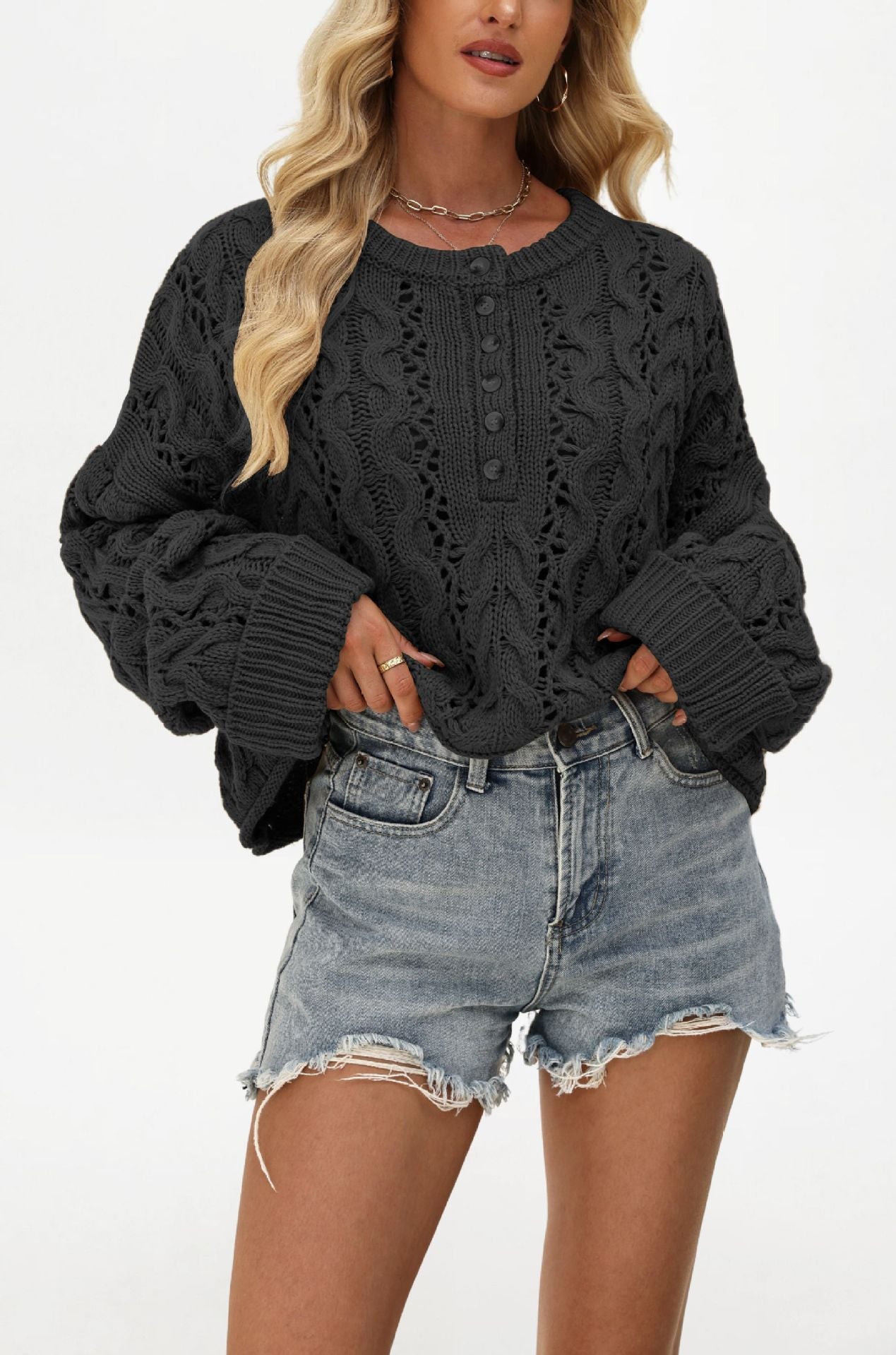 Women's Button Loose Solid Color Pullover Sweaters