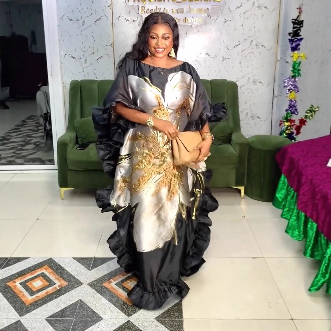 Women's African Wear Organza Dress Printed Robe Dresses