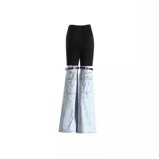 Spring High Waist Stitching Splash Paint Unique Design Jeans