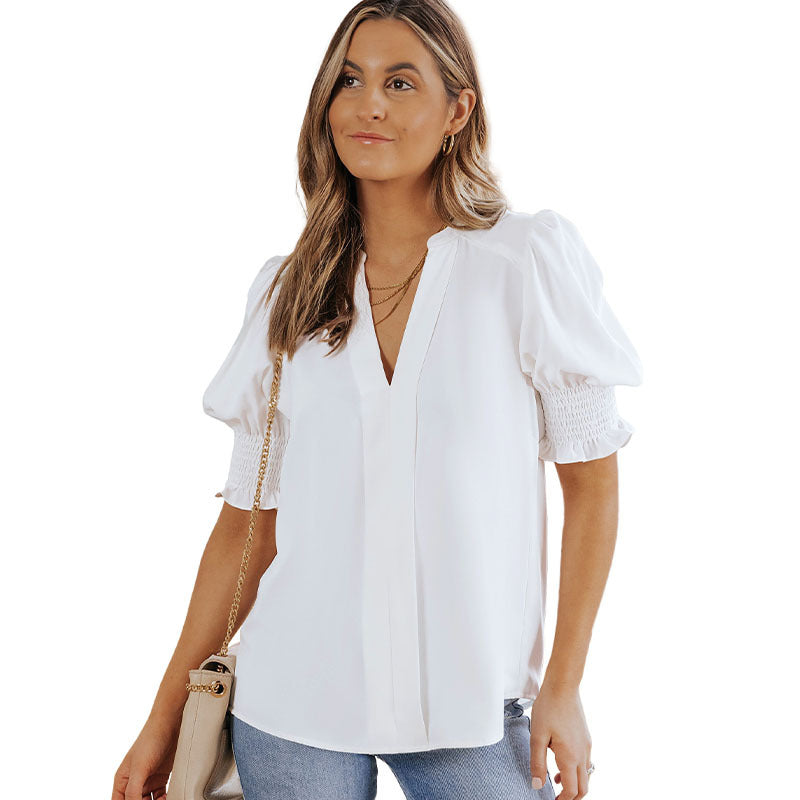 Women's Color Half Sleeve Collar Shirt Pleated Blouses