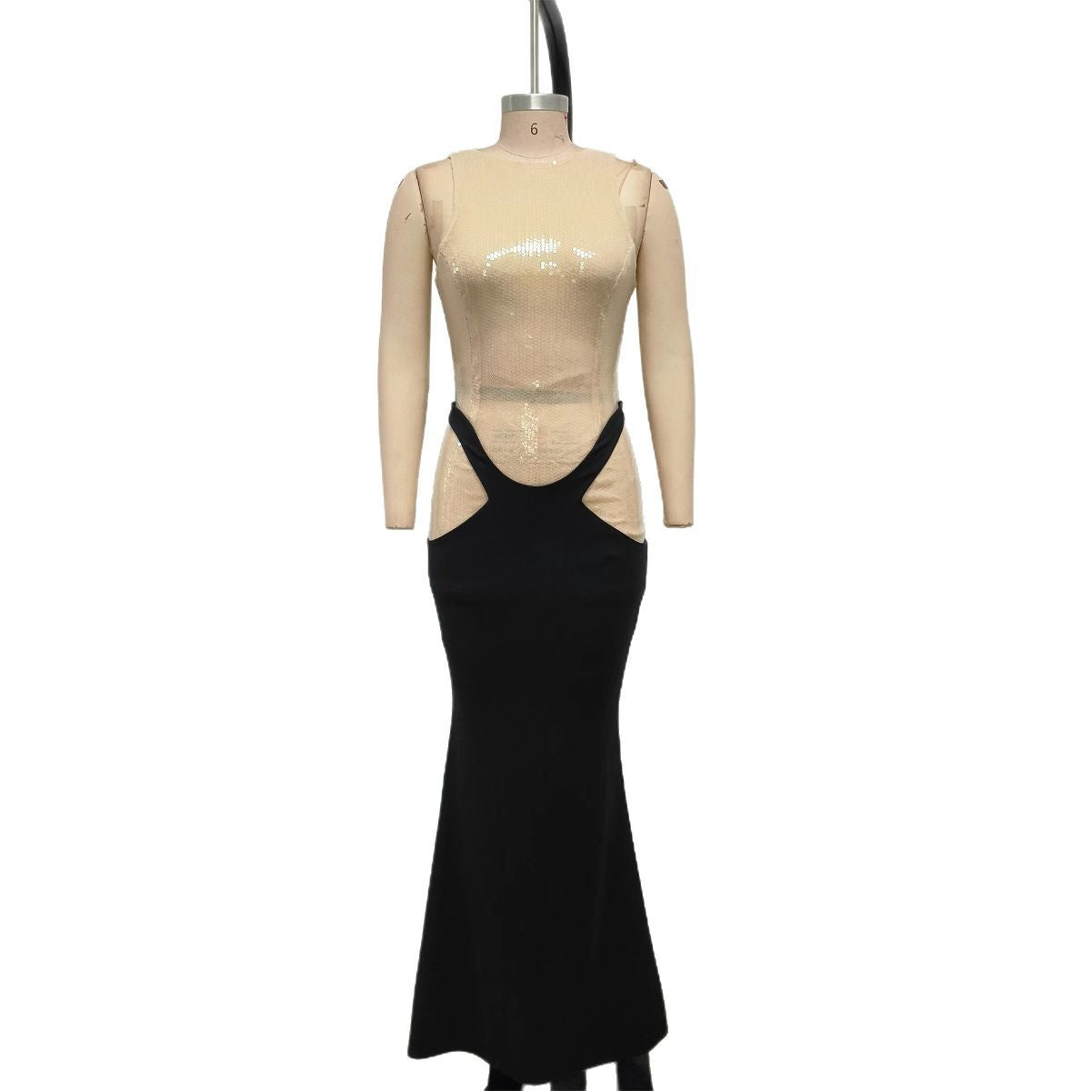 Women's Sequined Sleeveless Elegant Dress Stitching Black Fishtail Dresses