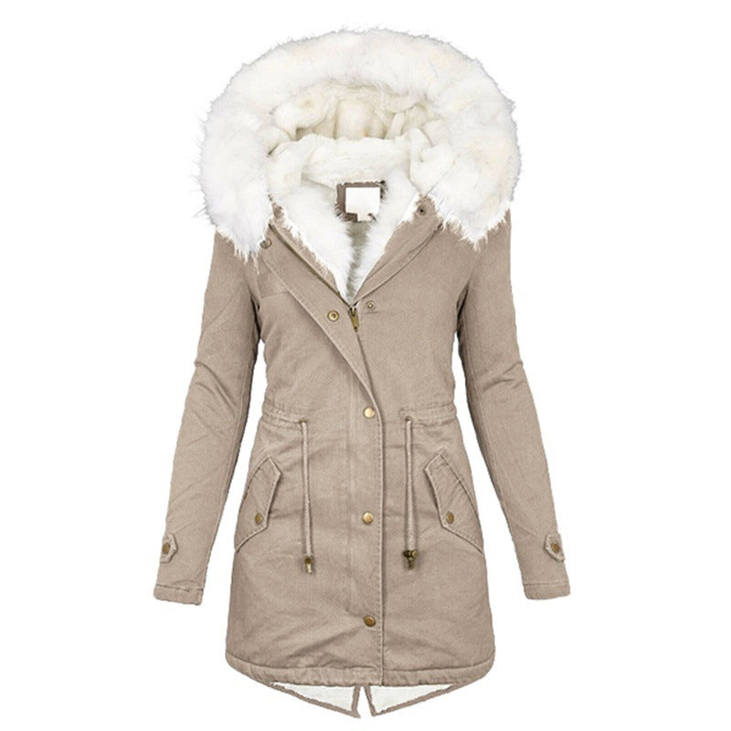 Women's Trench White Fur Collar Hood Warm Coats