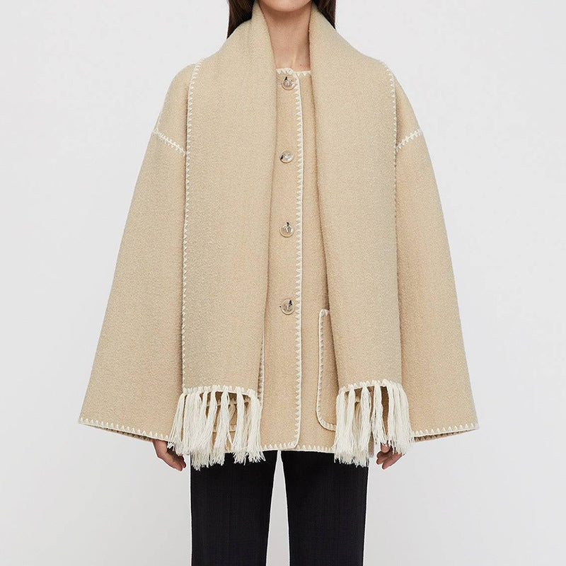 Women's Fashion Woolen Thick Loose With Scarf Coats