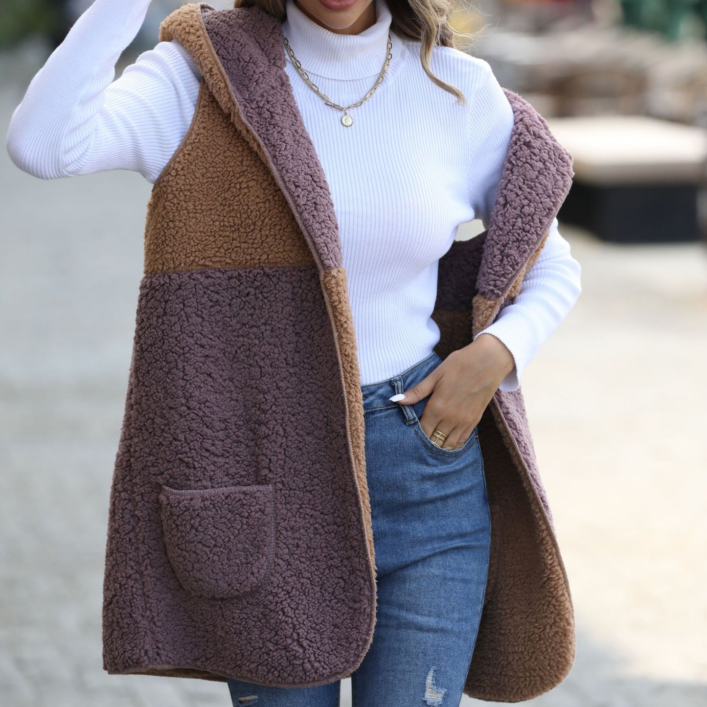 Women's Flash Autumn Veet Hooded Sleeveless Color Coats