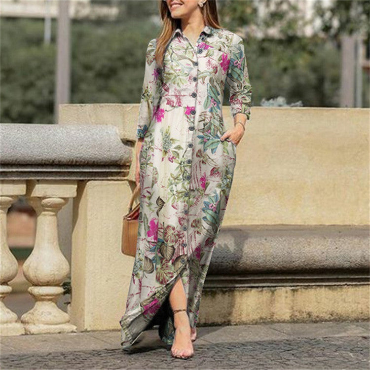 Women's Casual Polo Collar Robe Long Floral Dresses