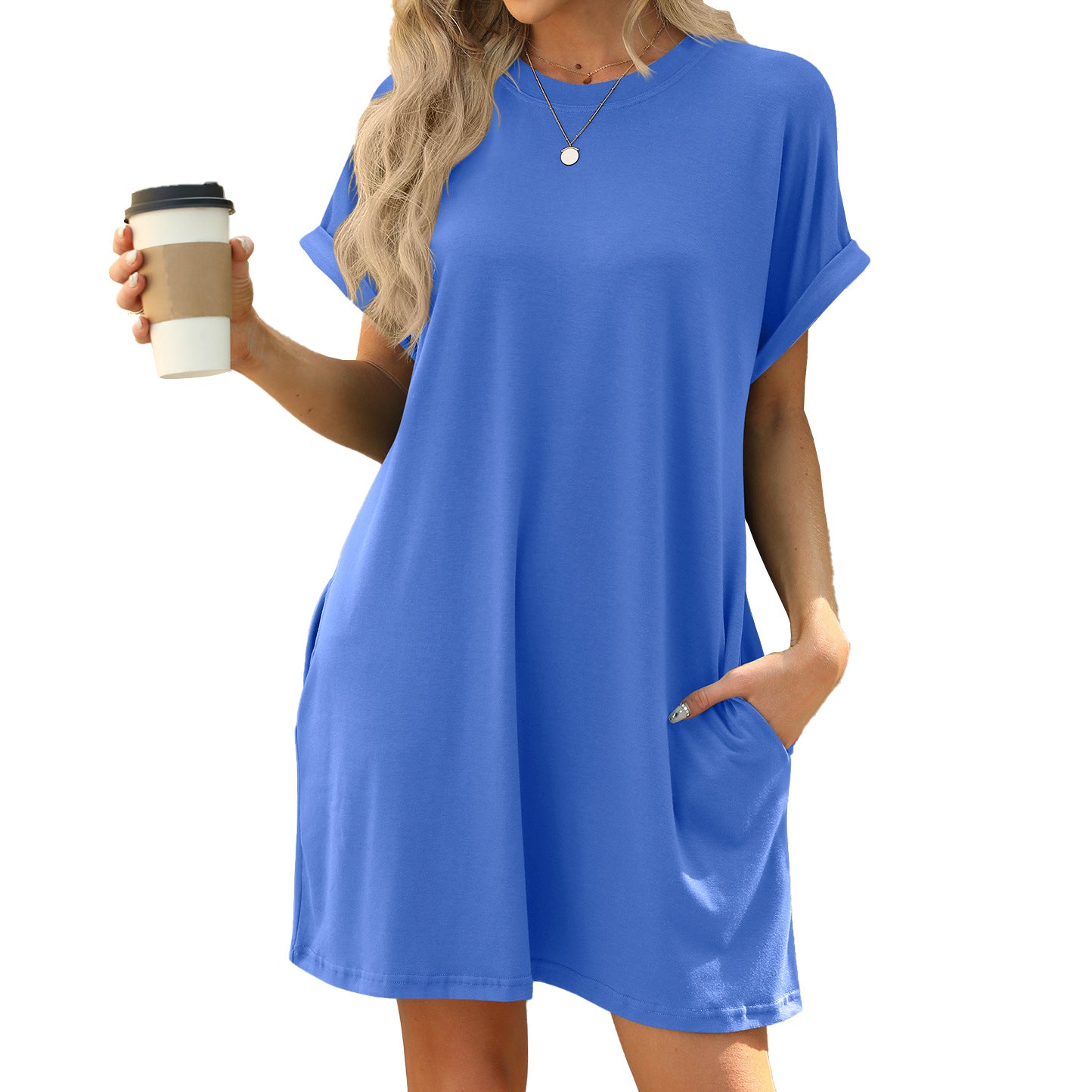 Solid Color Round Neck Pocket Loose Dresses