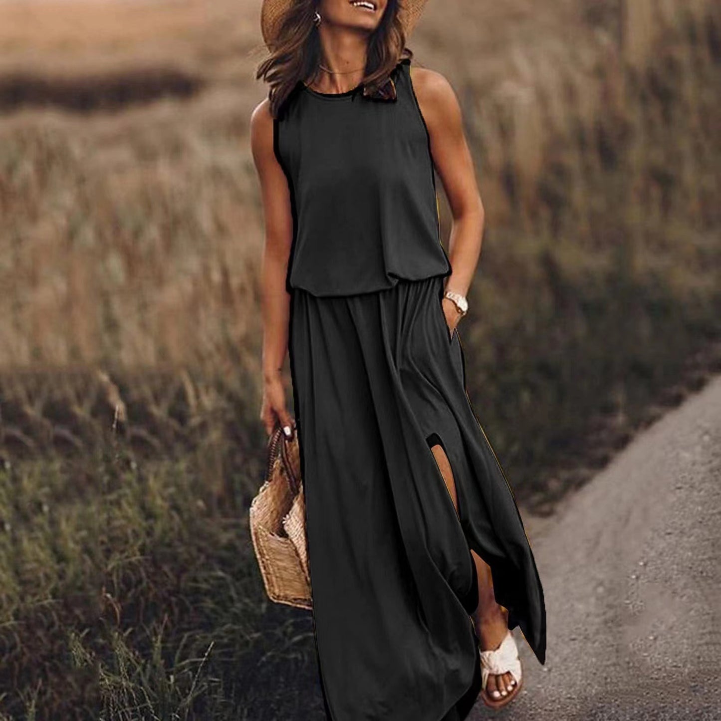 Style Solid Color Round Neck Sleeveless Dresses