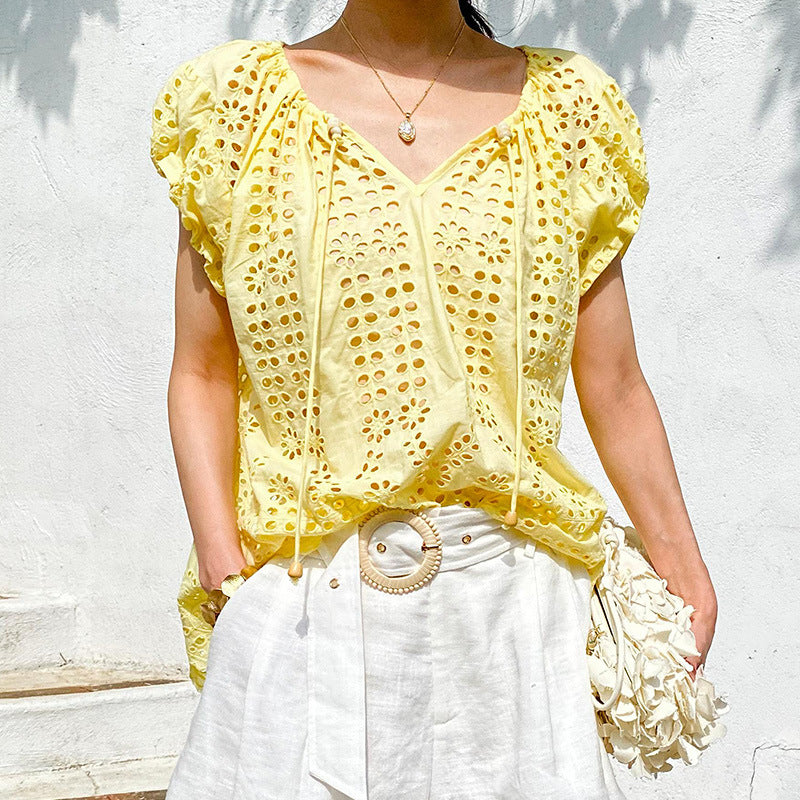 Women's Shirt Vacation Style Embroidered Sleeve Summer French Design South Blouses