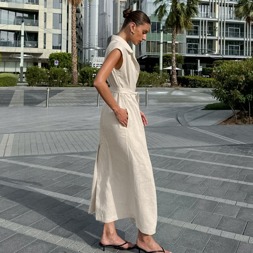 Women's Cotton Linen Dress Summer Khaki Shirt Clothing