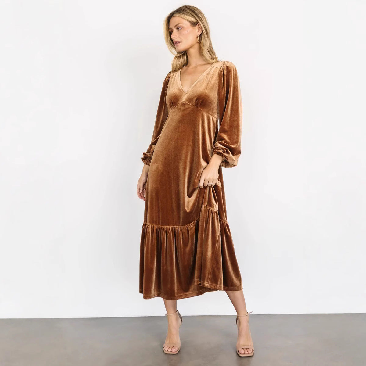 Collar Puff Sleeve Veet Ruffled Dress Dresses