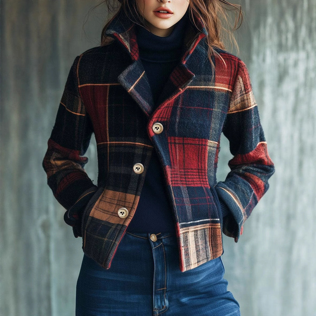 Women's Plaid Retro Warm Stand Collar Stitching Blazers