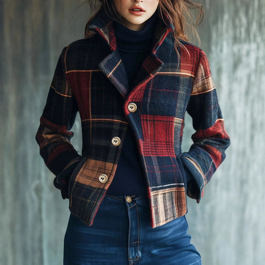 Women's Plaid Retro Warm Stand Collar Stitching Blazers
