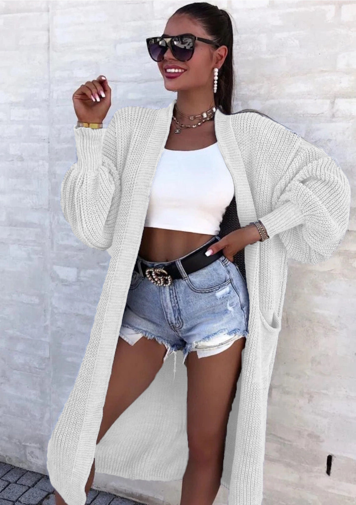 Women's Versatile Thick Needle Pocket Long Solid Knitwear
