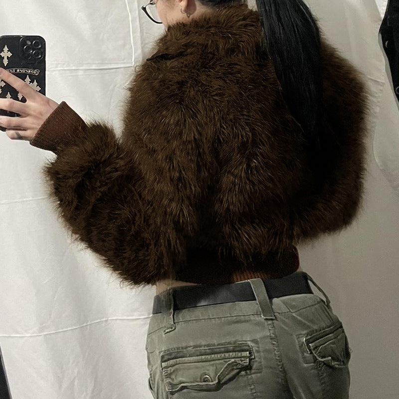 American Retro Brown Fur Lapel Zipper Jackets