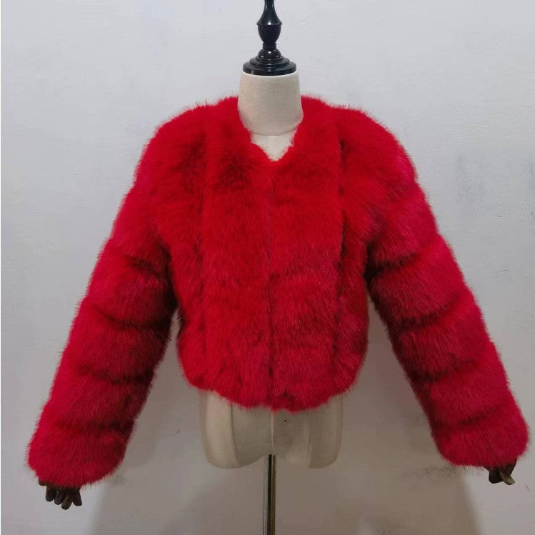 Women's Faux Fox Fur Stitching Long Sleeve Coats
