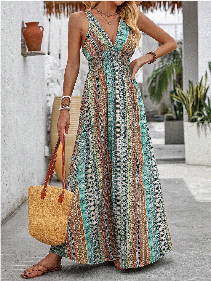 Women's Summer Fashion Sexy Deep V Sleeveless Backless Beach Dresses