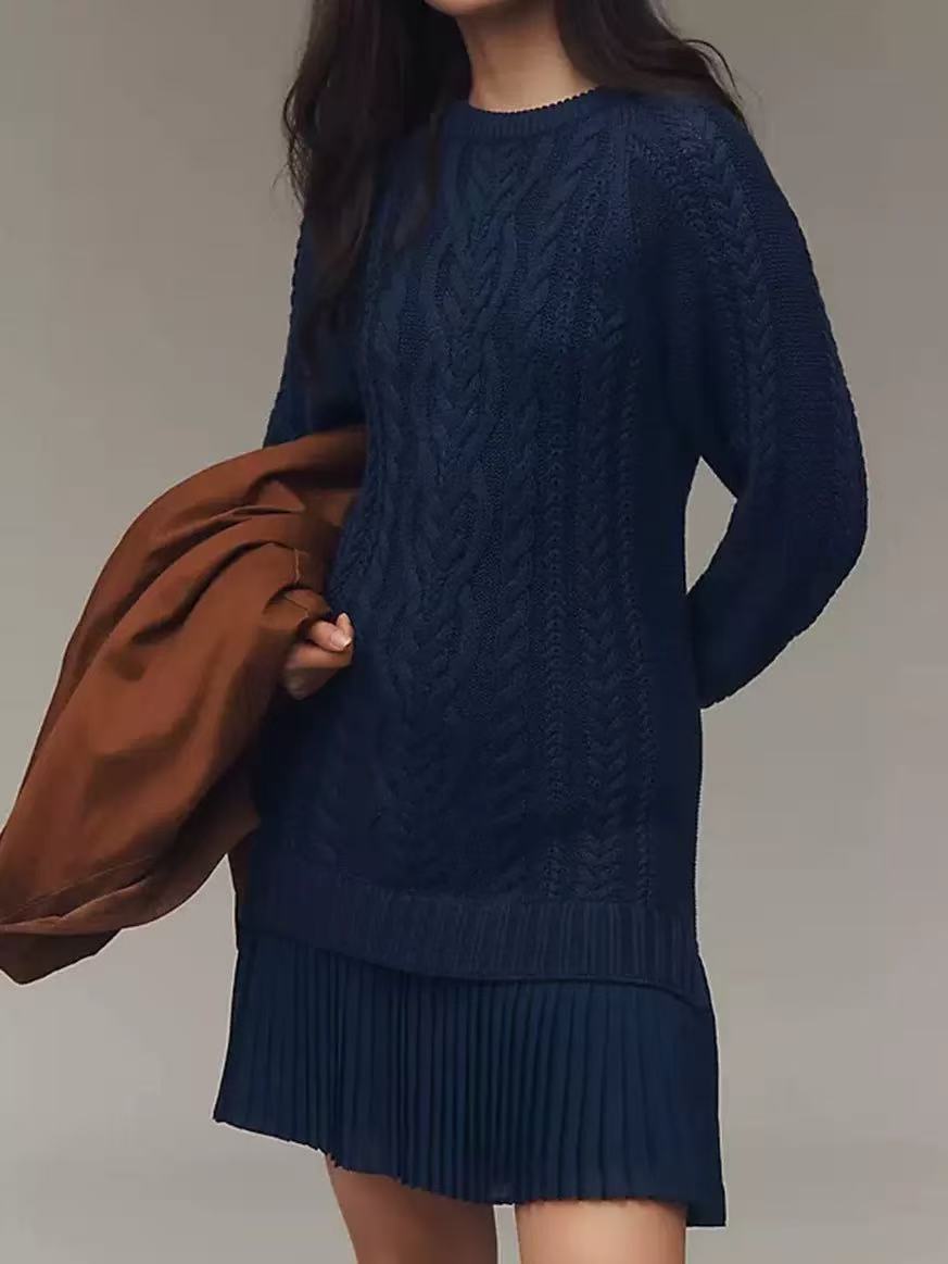 Round Neck Twist Knitted Chiffon Stitching Sweet Dresses