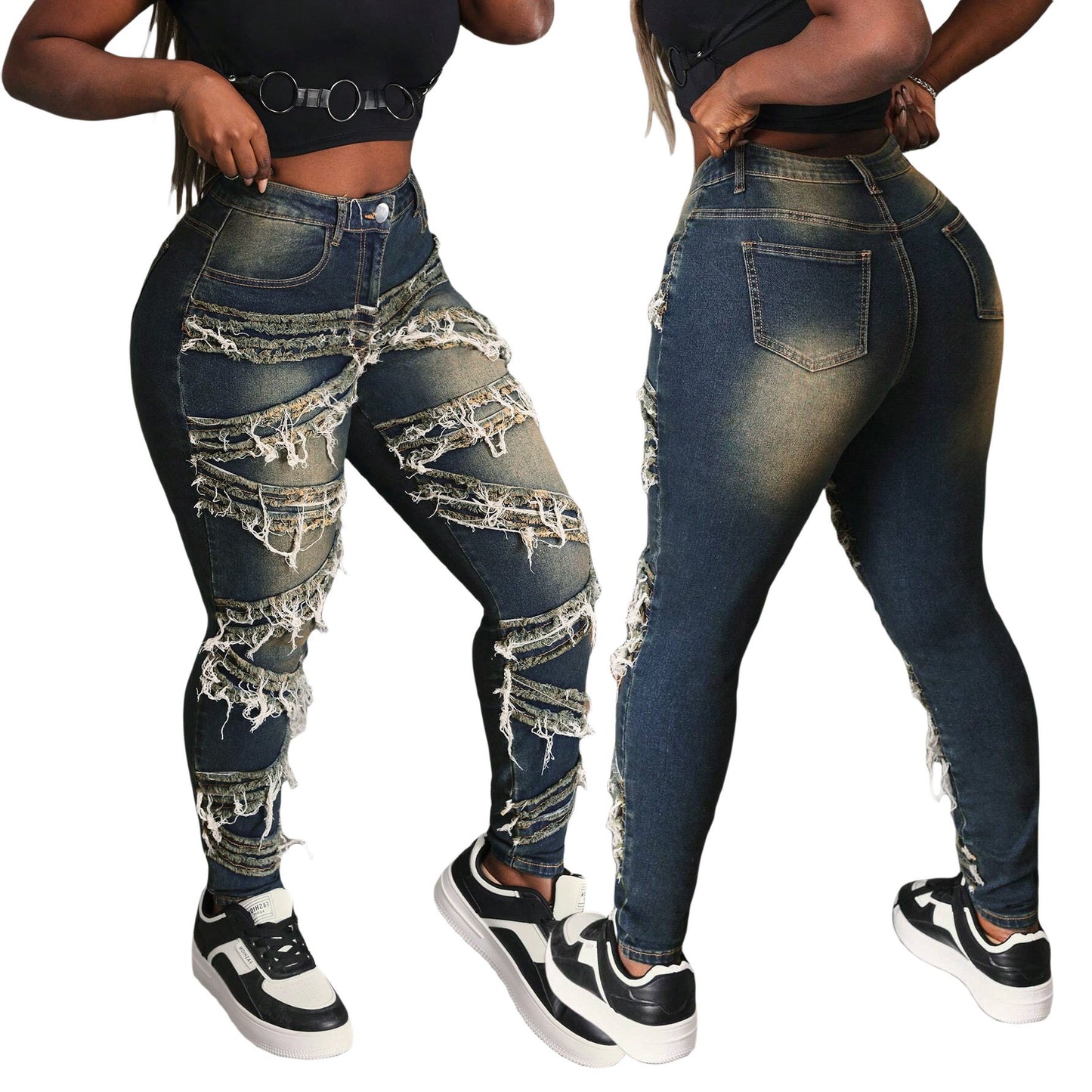 Women's Street Fashion Cat Beard Stretch Patch Jeans
