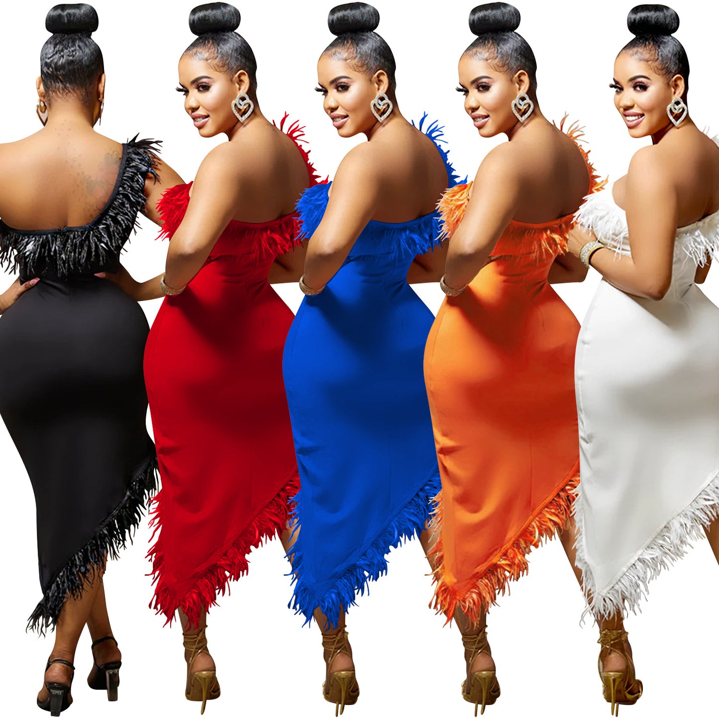 Solid Color Sleeveless Feather Irregular Midi Dresses