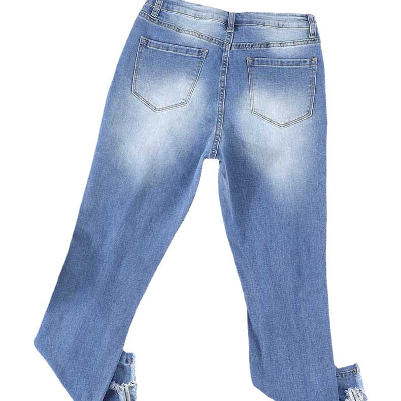 Women's Ripped Tassel Slimming Wear Denim Trousers Jeans