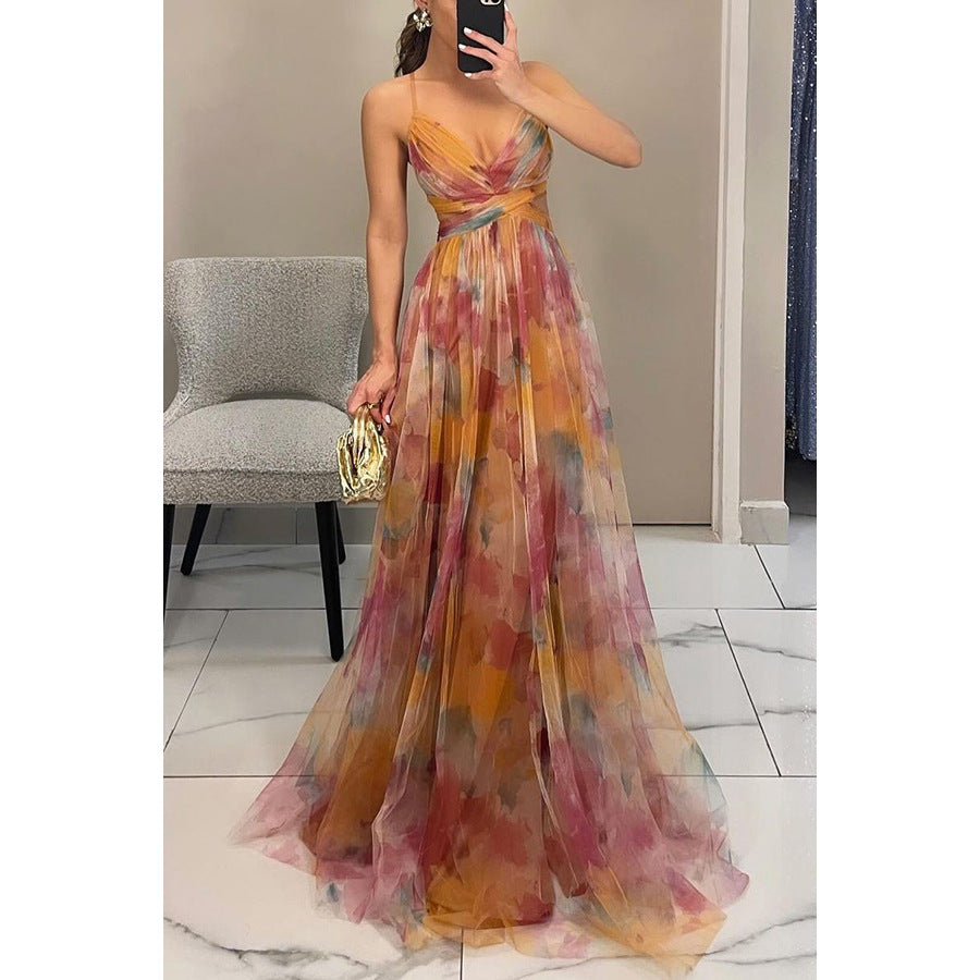 Mesh Printing Slip Dress Vacation Leisure Dresses