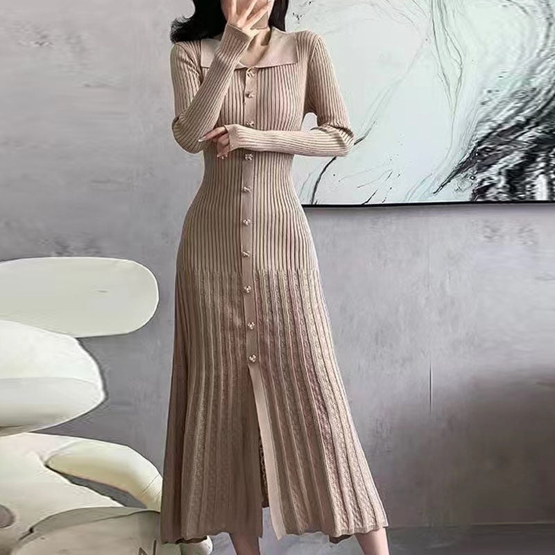 Collar Gold Buckle Woolen Long Dress Dresses