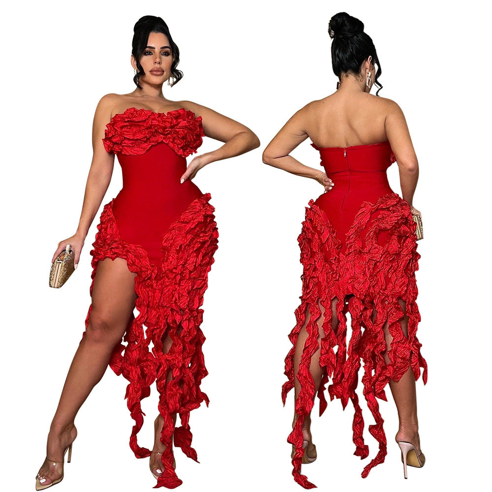 Women's Solid Color Dress Sexy Irregular Tassel High Dresses