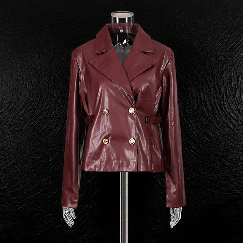 Lapel Double Breasted Drawstring Patchwork Slimming Jackets