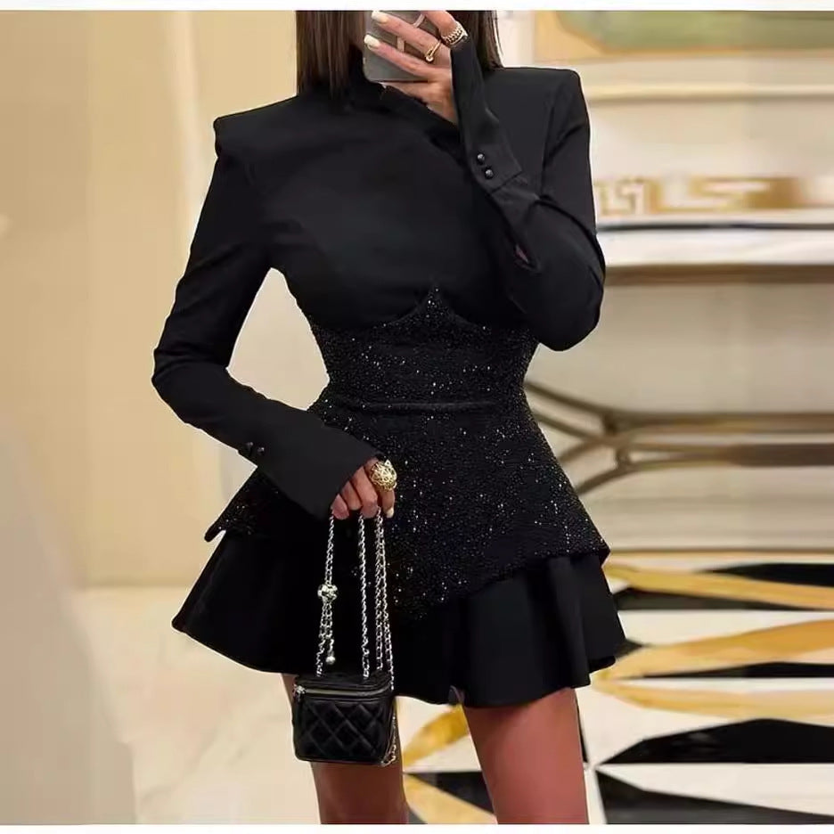 Fashion Stitching Sequined Long Sleeve Round Neck Sexy Party Dresses