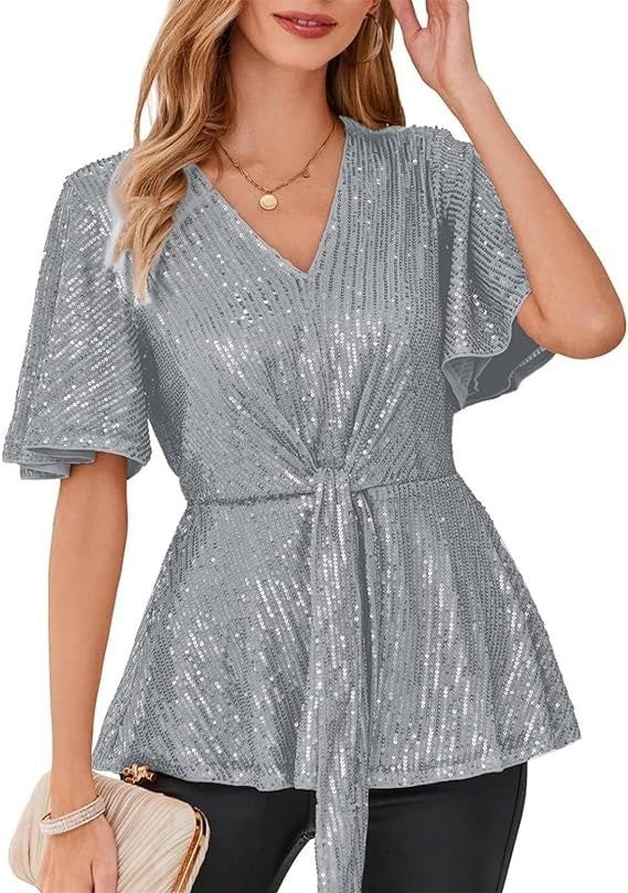 Women's Outline Tie Front Flare Sleeve Glitter Bruce Tops